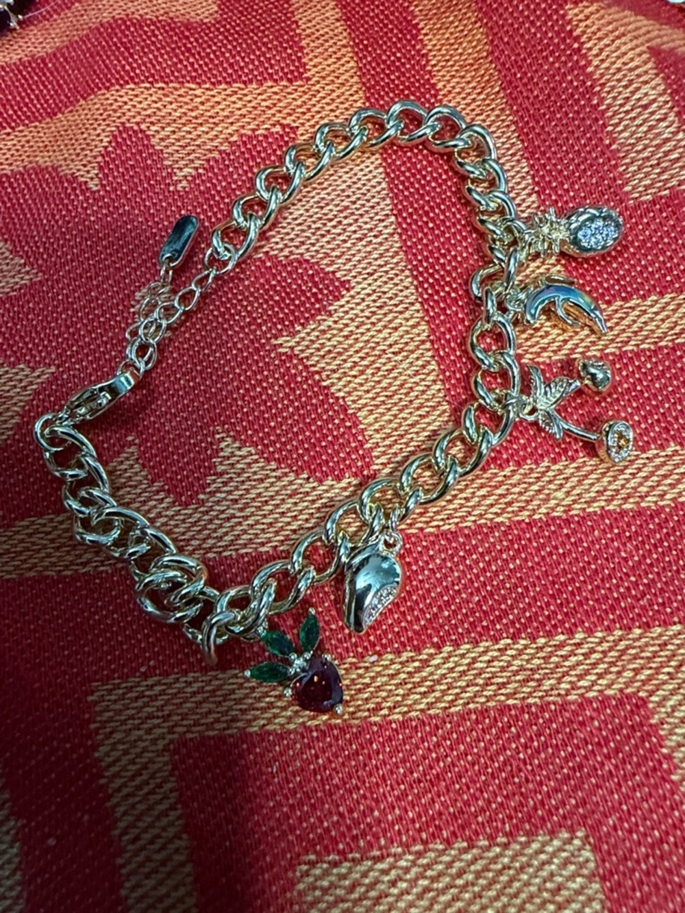 Gold-Tone Charm Bracelet with Red & Green Stone Accent